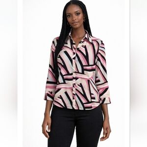 New York & Company Retro Print Button-Up Blouse | Medium | Semi-Sheer